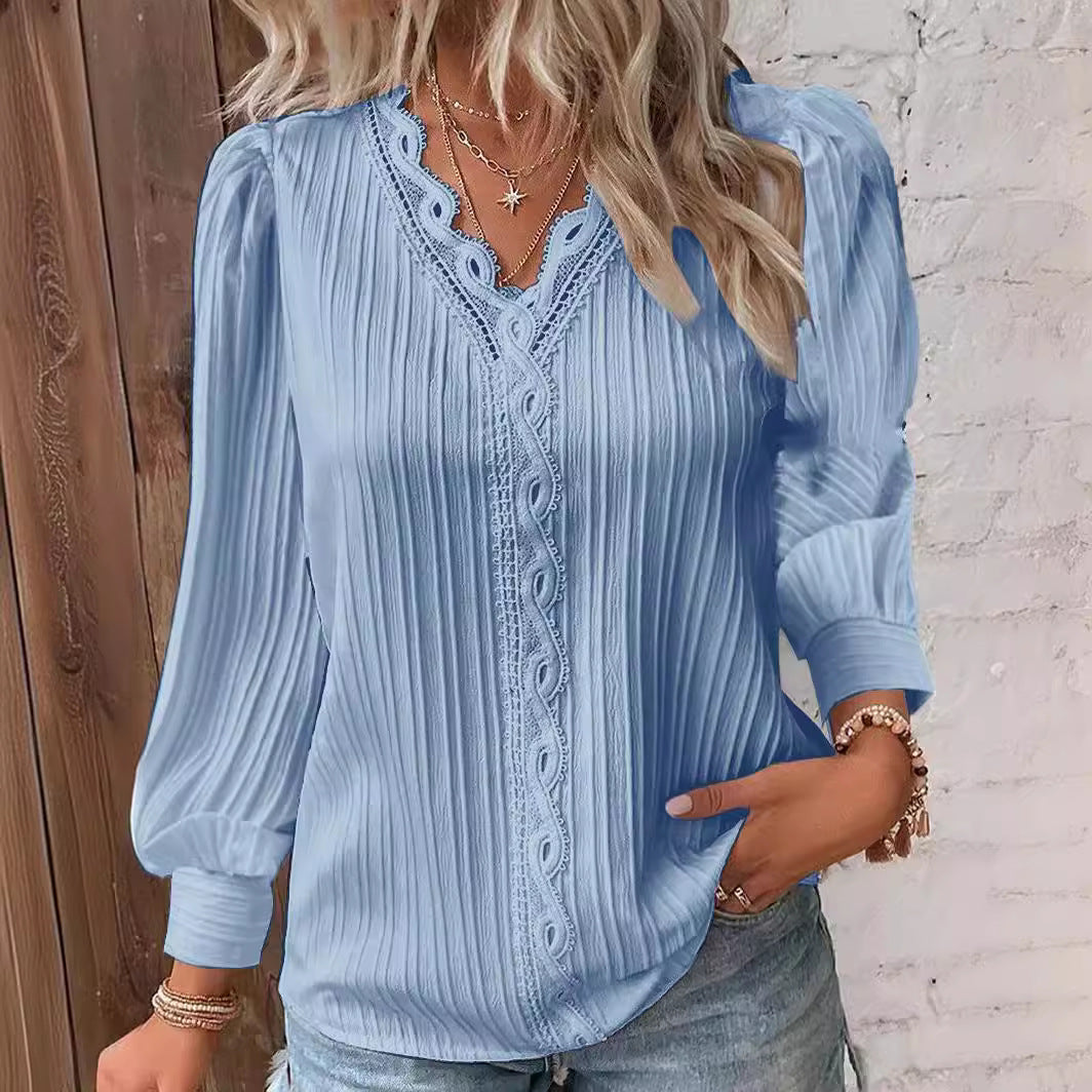 Women's Lace-Trim Blouse – Loose V-Neck Fit