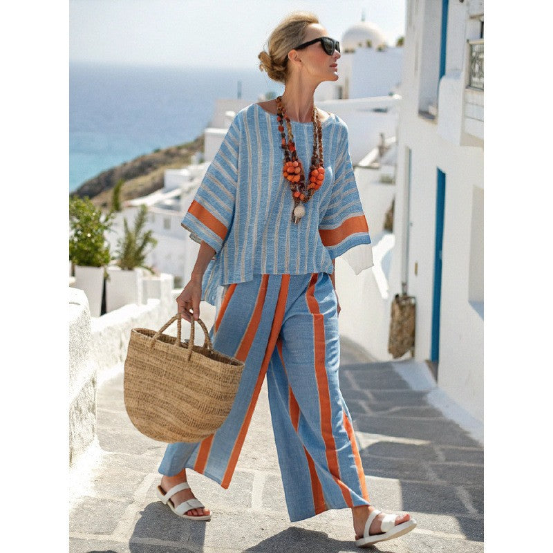 Women's Printed Two-Piece Pant Set – Wide-Leg Woven