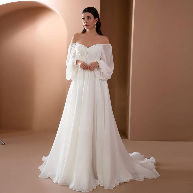 Women's Chiffon Maxi Dress – Off-Shoulder Puff Sleeve Train