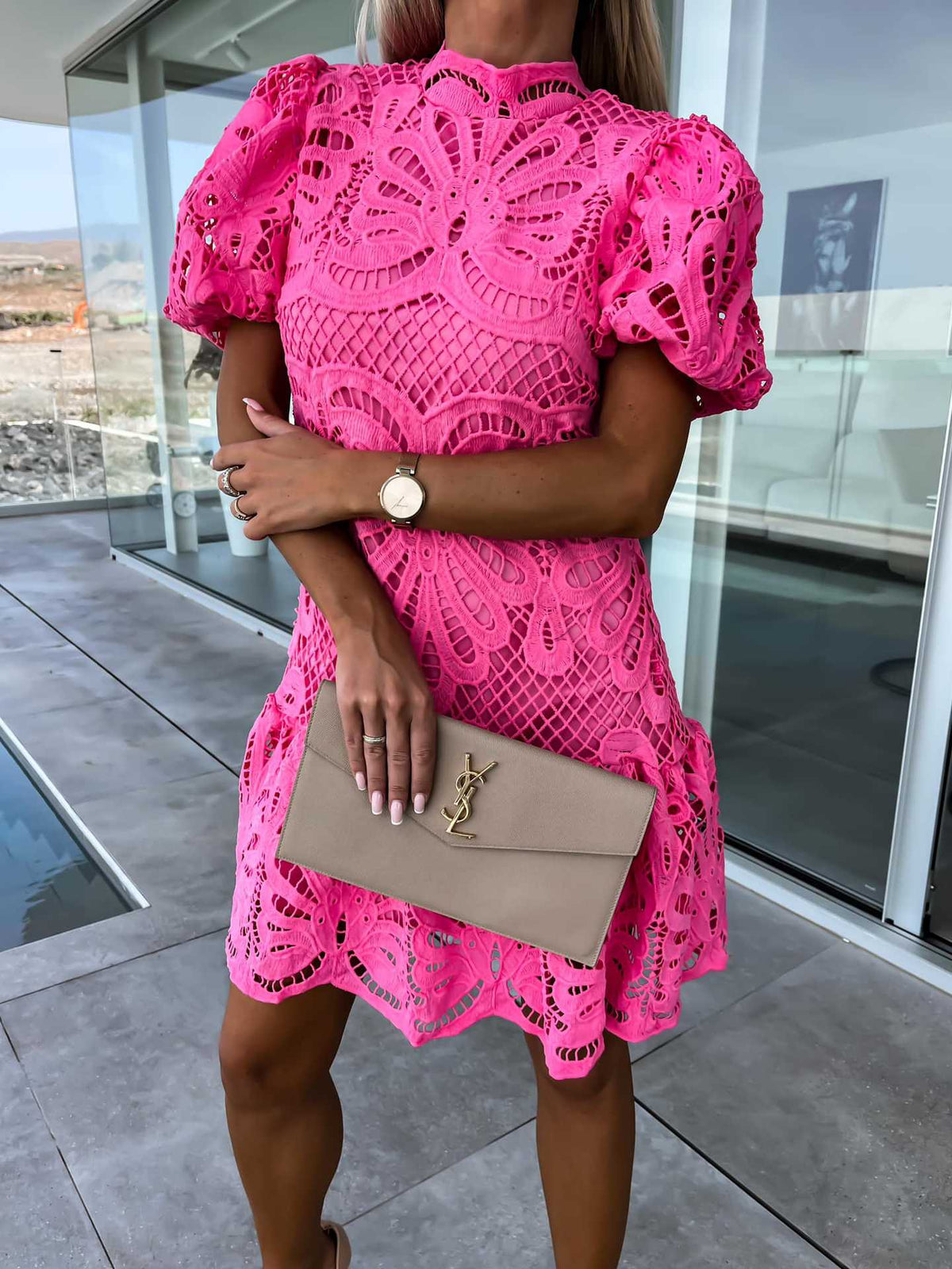 Women's Lace Mini Dress – High Neck Puff Sleeve