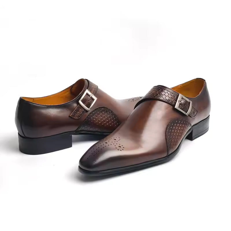 Men's Monk Strap Dress Shoe – Carved Leather Pointed Toe