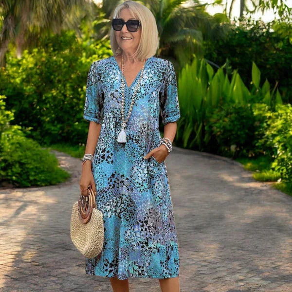 Women's Boho Midi Dress – V-Neck Relaxed Fit