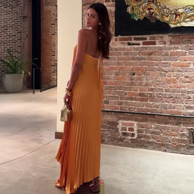 Women's Pleated Halter Midi Dress – Asymmetric Hemline