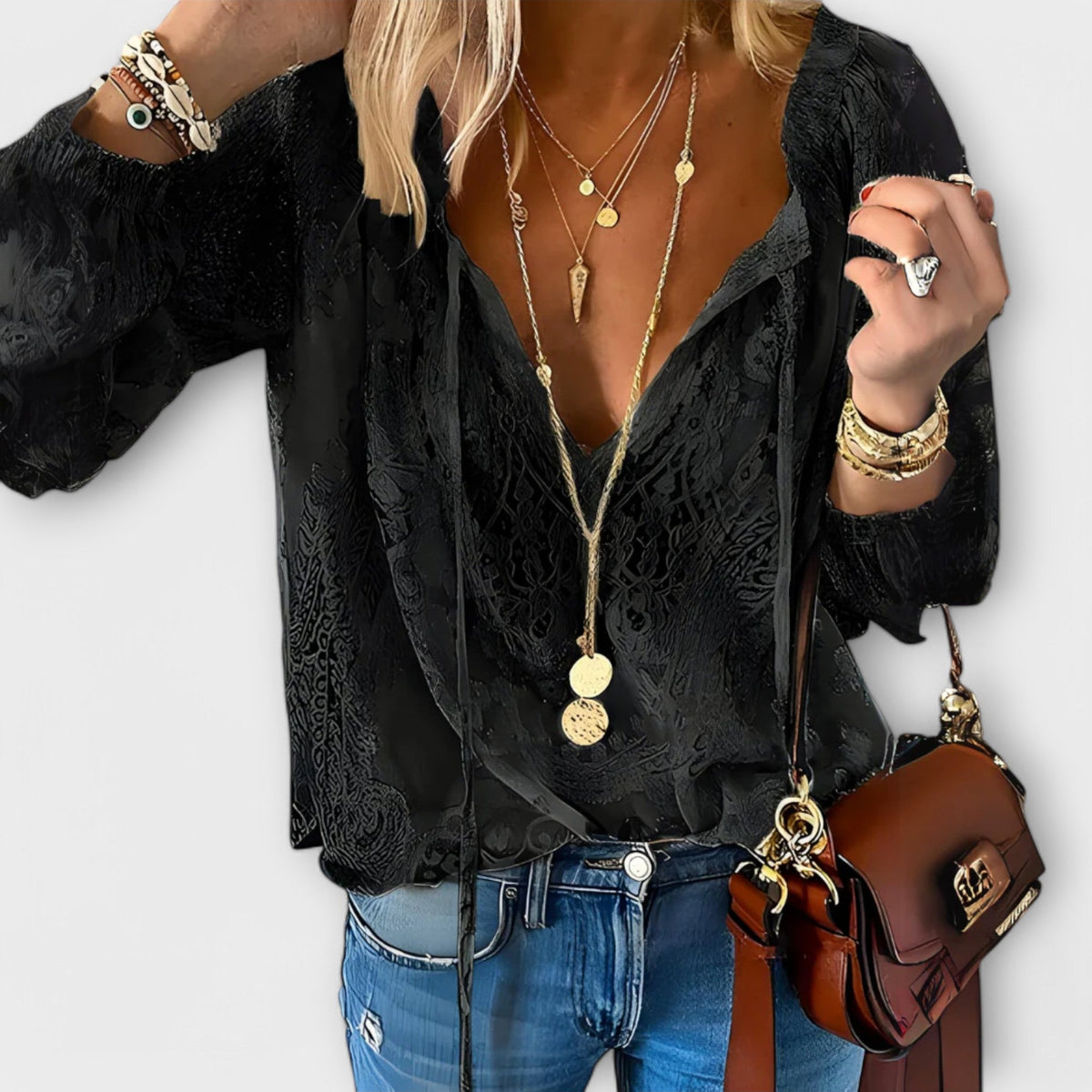 Women's V-Neck Long Sleeve Blouse – Relaxed Textured Boho