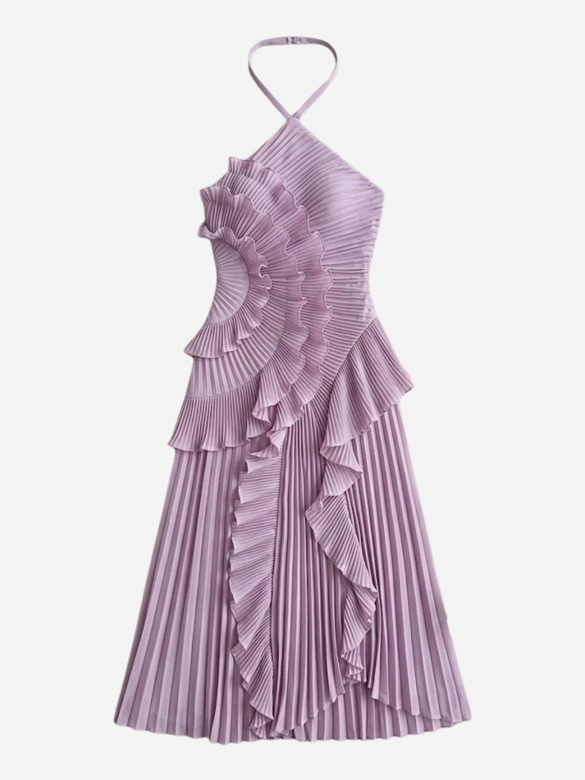 Women's Halter Midi Dress – Micro-Pleated Ruffle Cascade