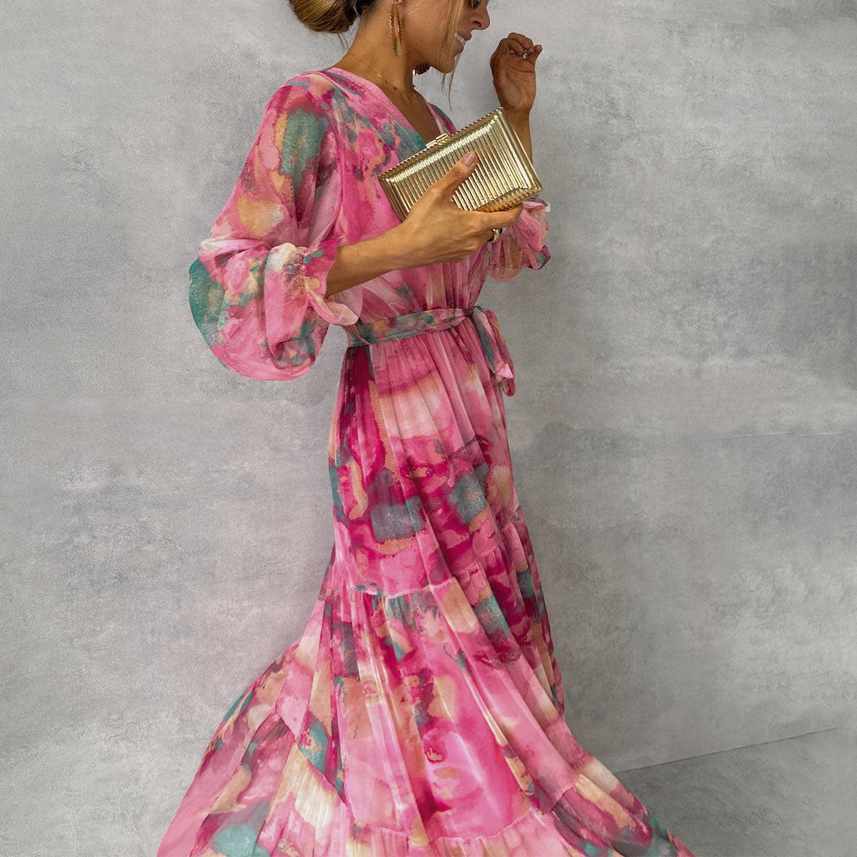 Women's Wrap Maxi Dress – Tiered Watercolor Floral