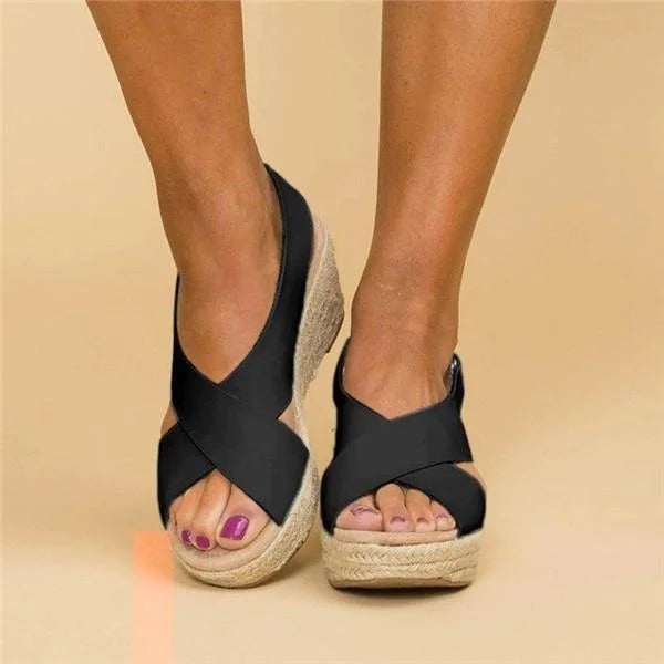 Women's Leather Espadrille Wedge Sandals – Adjustable Cross Straps