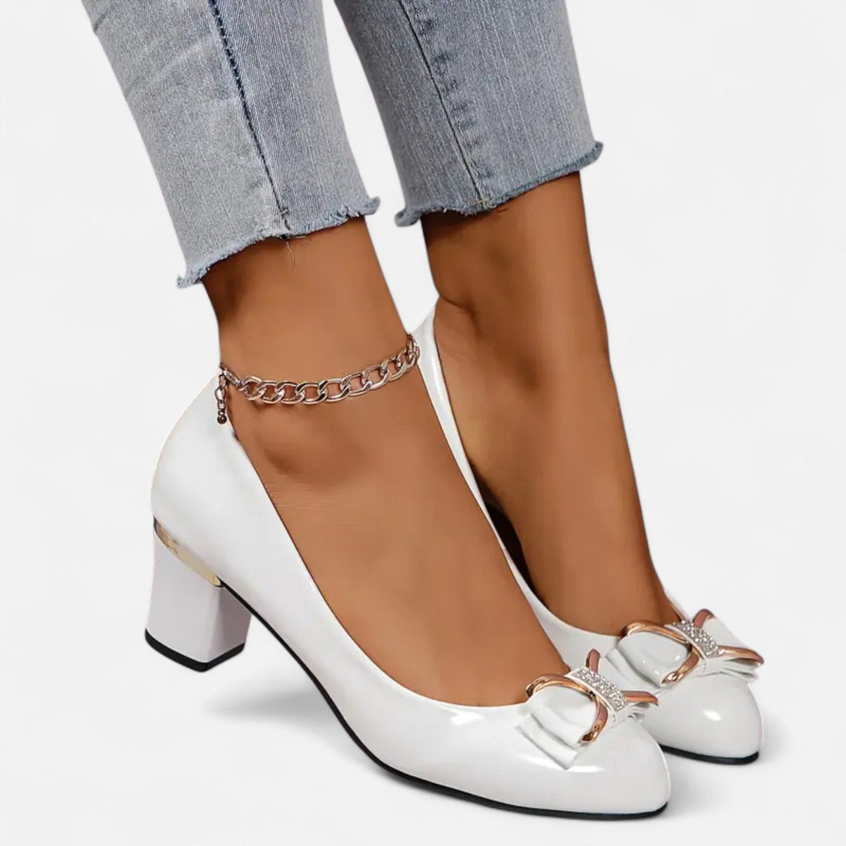 Women's Patent Bow Pumps – Block Heel Round Toe