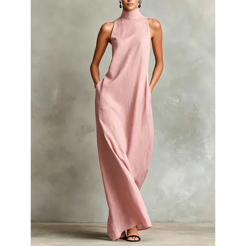 Women's Sleeveless Maxi Dress – Mock Neck with Pockets