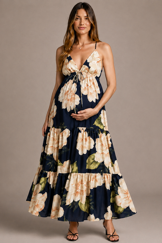 Women's Maternity Maxi Dress – Floral Tiered Empire Waist