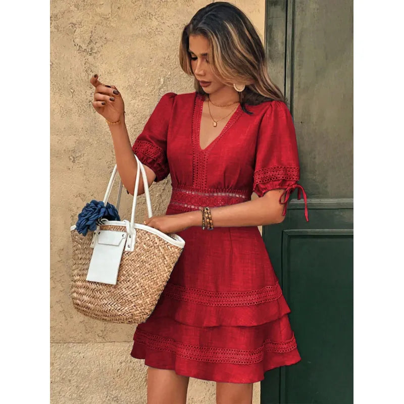 Women's Fit-and-Flare Mini Dress – Tiered Lace-Trim Skirt