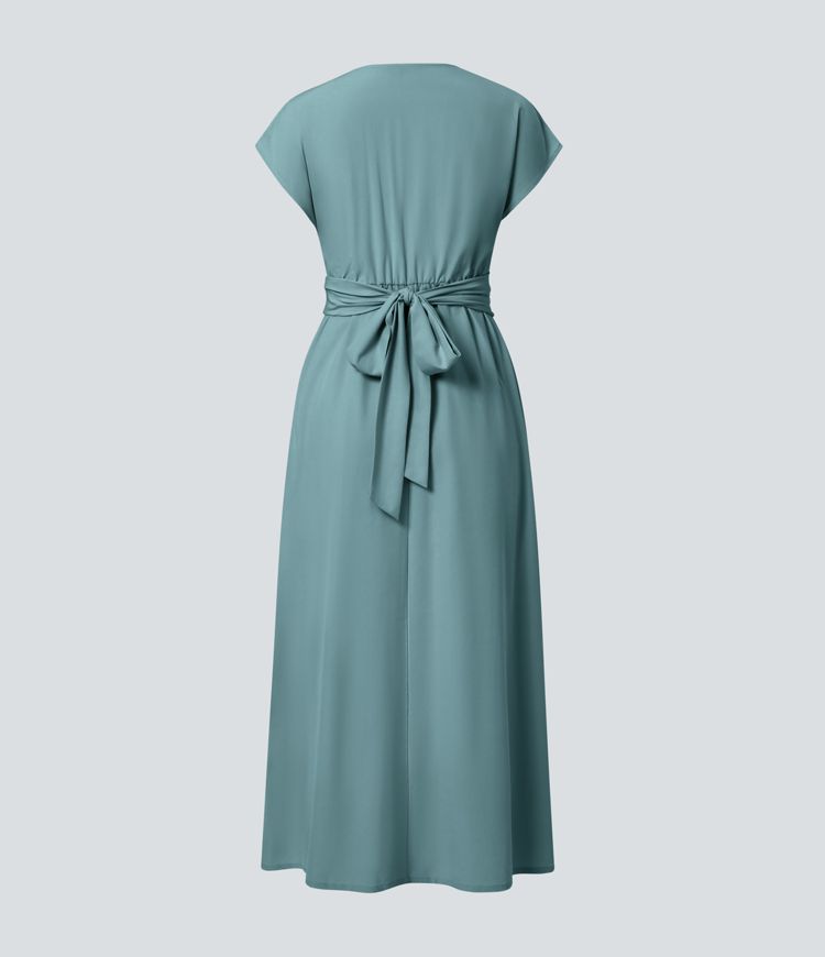 Women's V-Neck Midi Dress – Elastic Waist Flared Fit