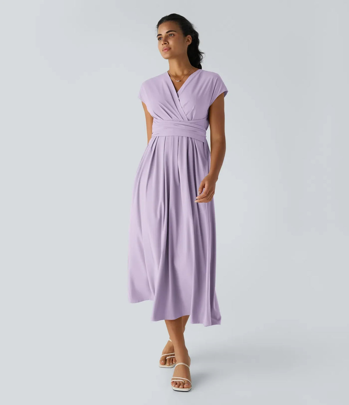 Women's V-Neck Midi Dress – Elastic Waist Flared Fit