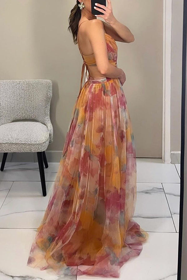 Women's Floral Mesh Maxi Dress – Fitted Bodice Tiered Skirt
