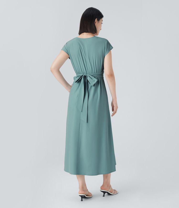 Women's V-Neck Midi Dress – Elastic Waist Flared Fit