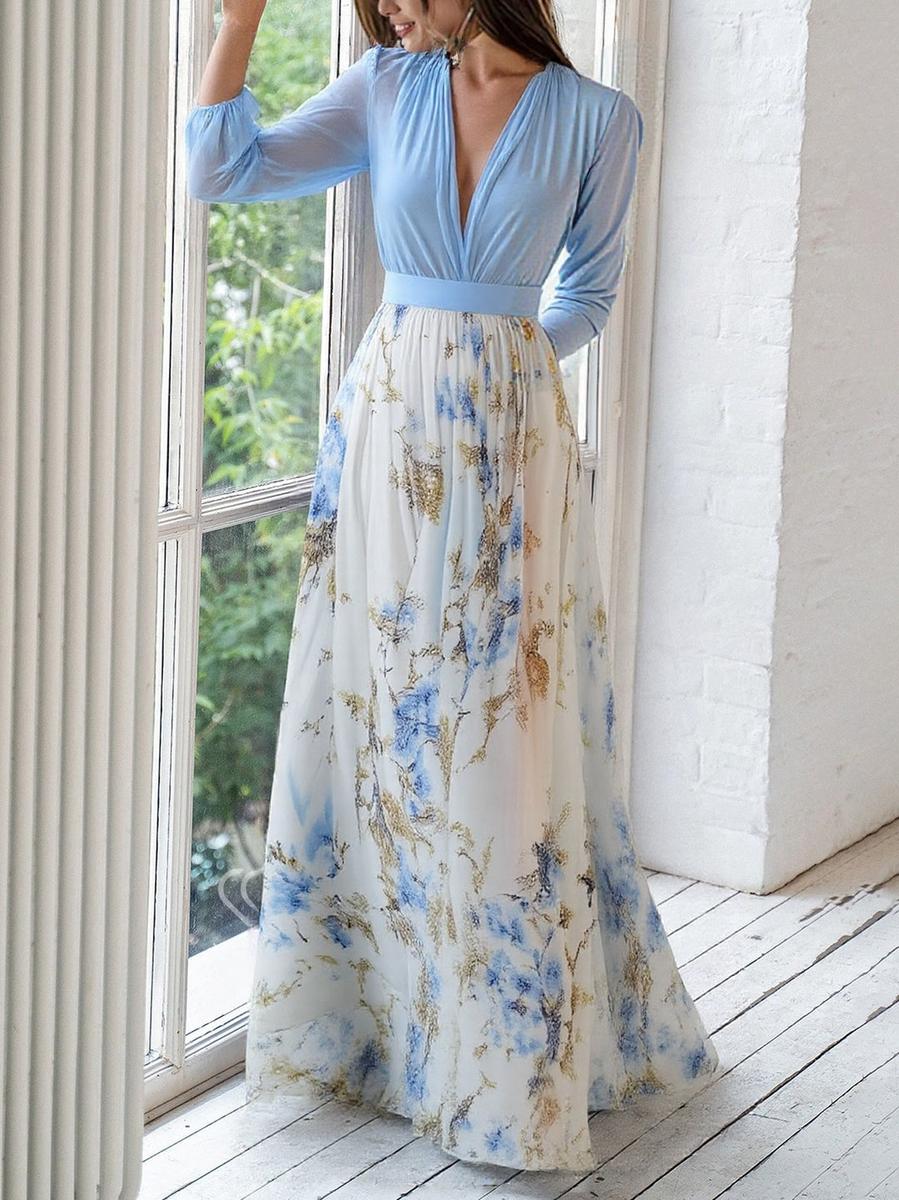 Women's Floral Maxi Dress – V-Neck Fitted Waist