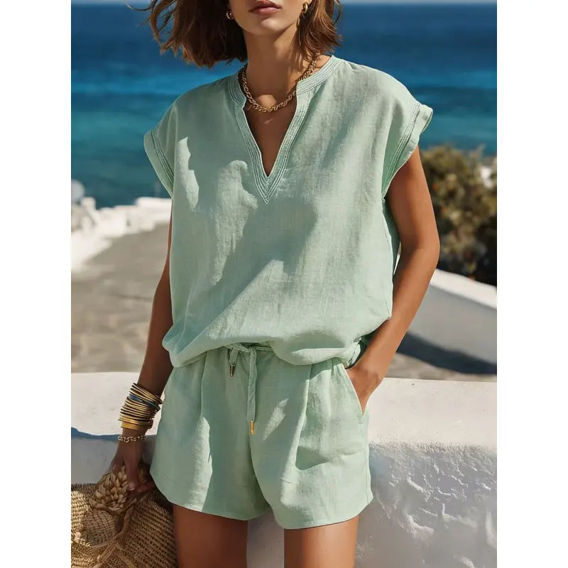 Women's Two-Piece Shorts Set – V-Neck Piped Top