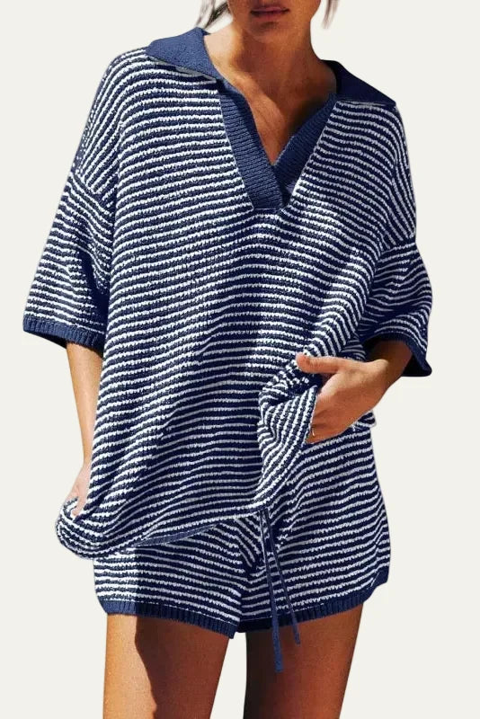 Women's Knit Two-Piece Set – V-Neck Top & Shorts