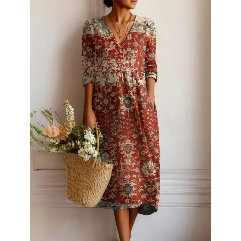 Women's Printed Midi Dress – Mosaic V-Neck Relaxed Fit