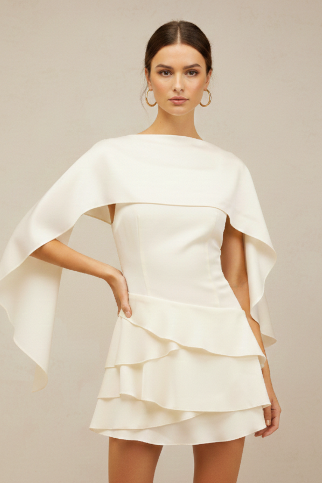 Women's Cape Overlay Mini Dress – High Neck Tiered Ruffle