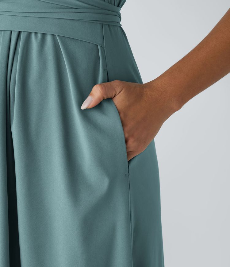 Women's V-Neck Midi Dress – Elastic Waist Flared Fit