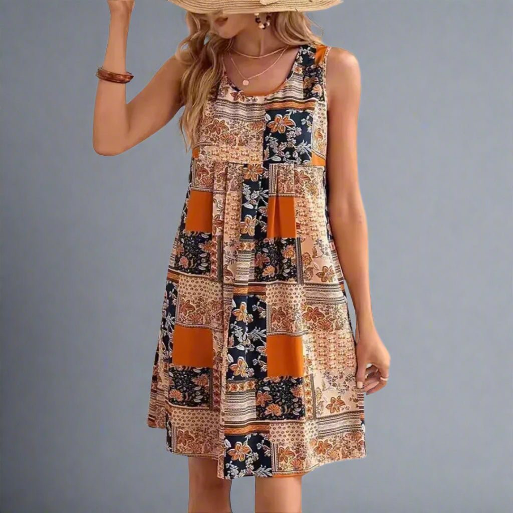 Women's Patchwork Mini Dress – Sleeveless Relaxed Fit