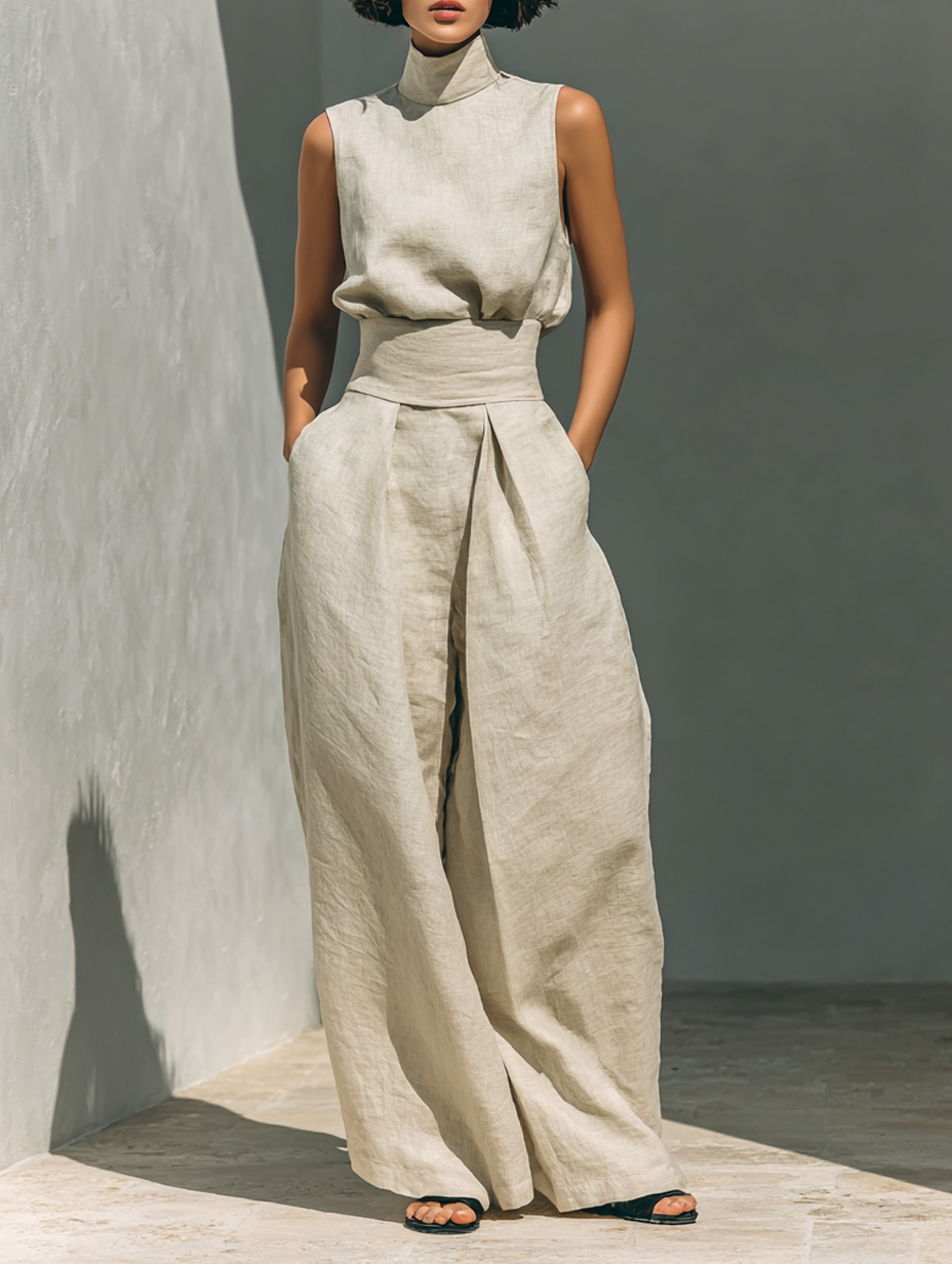 Women's Sleeveless Wide-Leg Pant Set – High-Neck Top