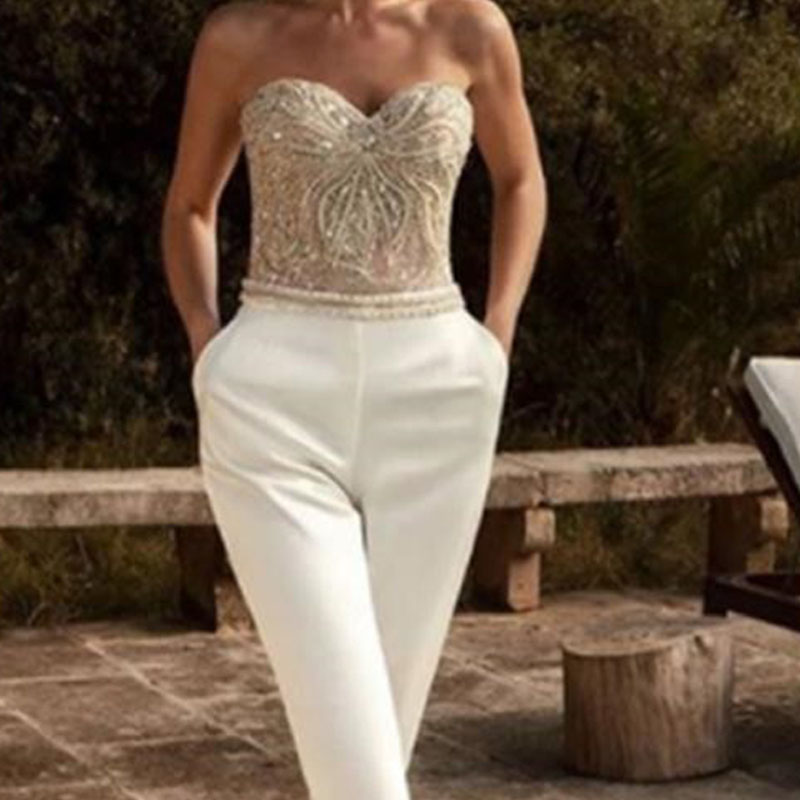 Women's Strapless Jumpsuit – Beaded Bustier Wide Leg