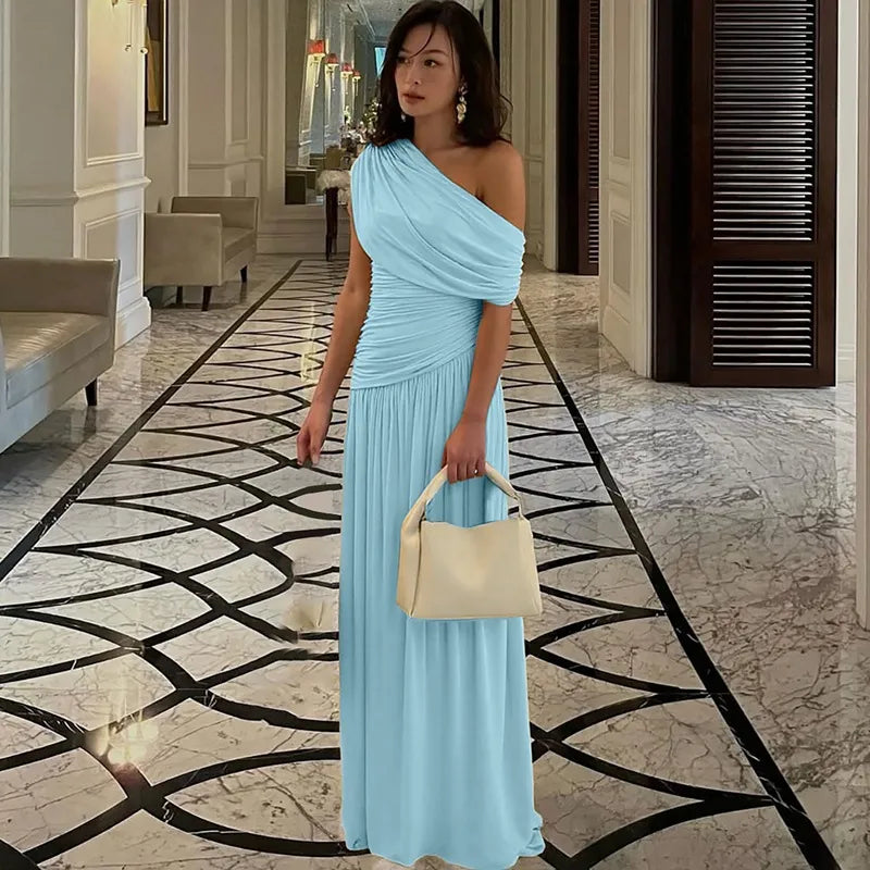 Women's Off-Shoulder Maxi Dress – Ruched Floor-Length Fit