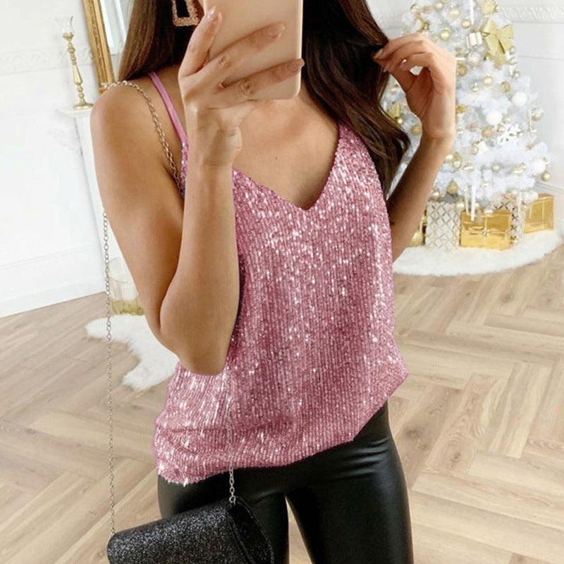 Women's Sequin V-Neck Top – Sleeveless Relaxed Fit