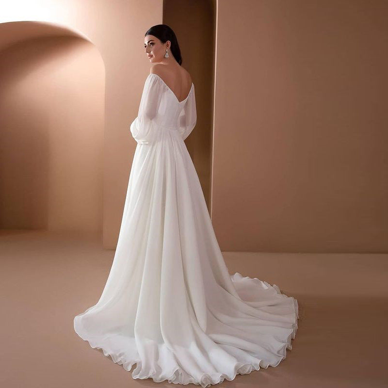 Women's Chiffon Maxi Dress – Off-Shoulder Puff Sleeve Train