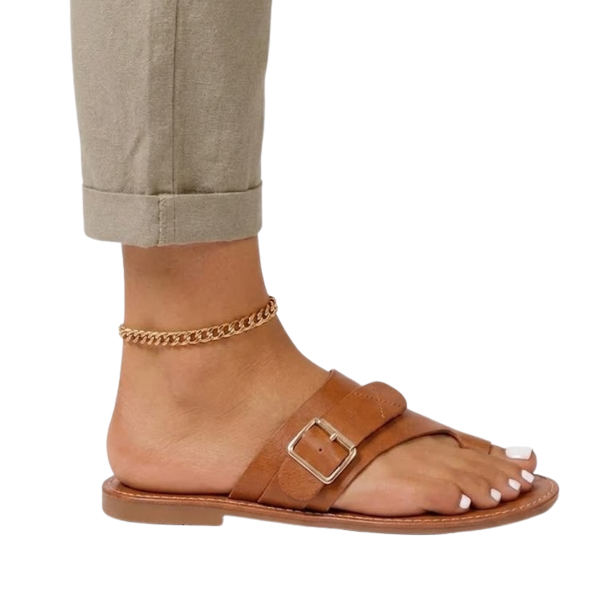 Women's Leather Flat Sandals – Square Toe Buckle Strap
