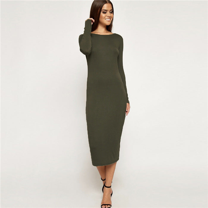 Women's Ribbed Knit Maxi Dress – Long Sleeve Fitted