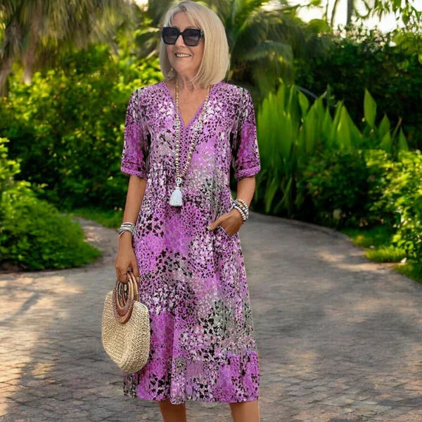 Women's Boho Midi Dress – V-Neck Relaxed Fit