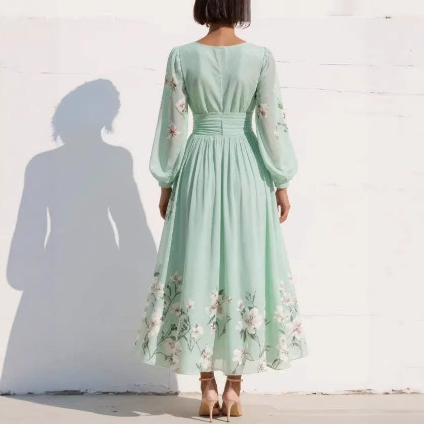 Women's Pleated Chiffon Maxi Dress – Long Sleeve Flared