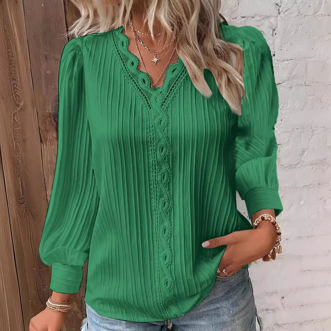 Women's Lace-Trim Blouse – Loose V-Neck Fit