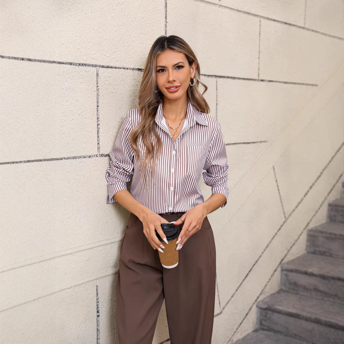 Women's Striped Button-Up Shirt – Contrast Cuff and Hem