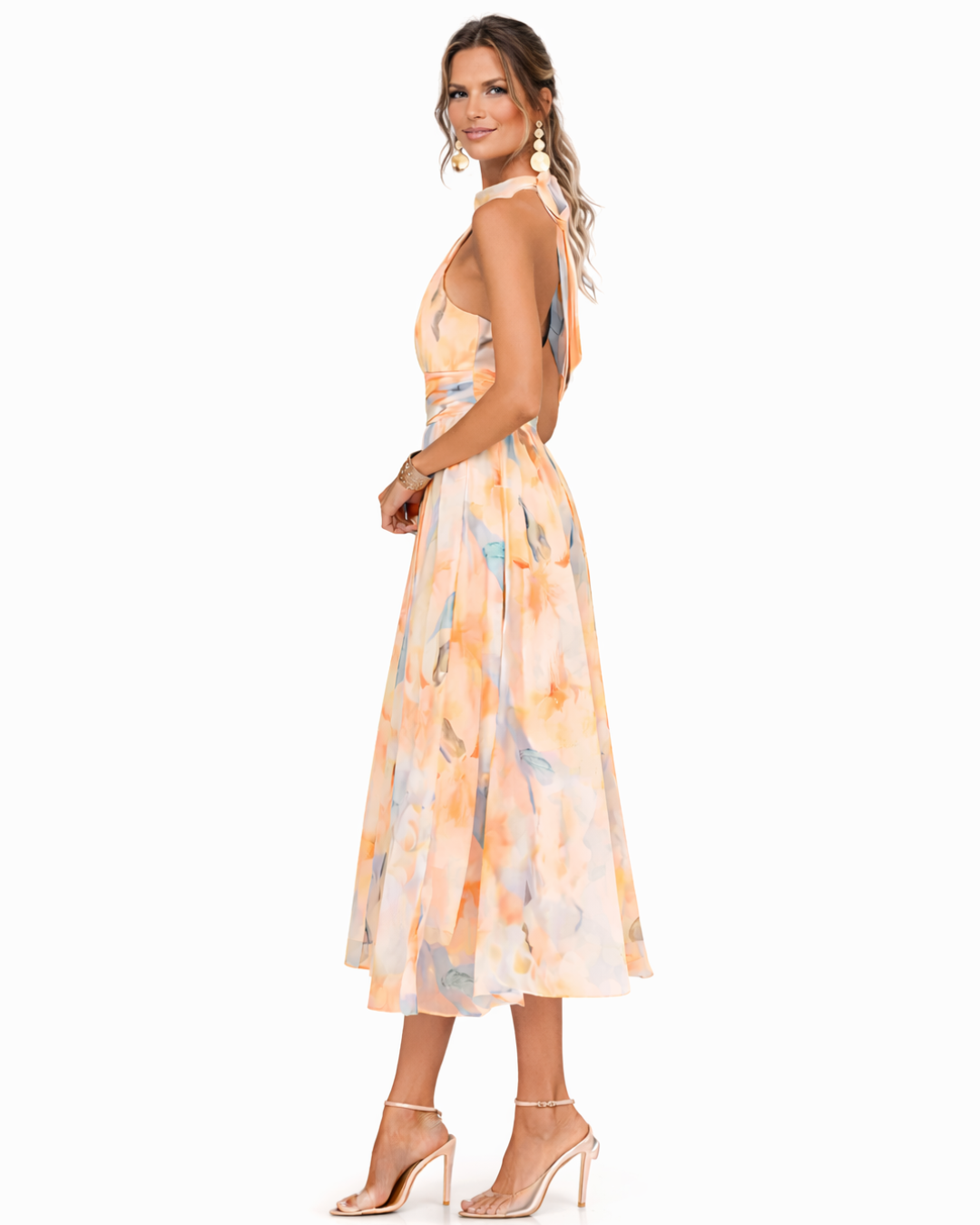 Women's Printed Halterneck Midi Dress – Gathered Tie Neck