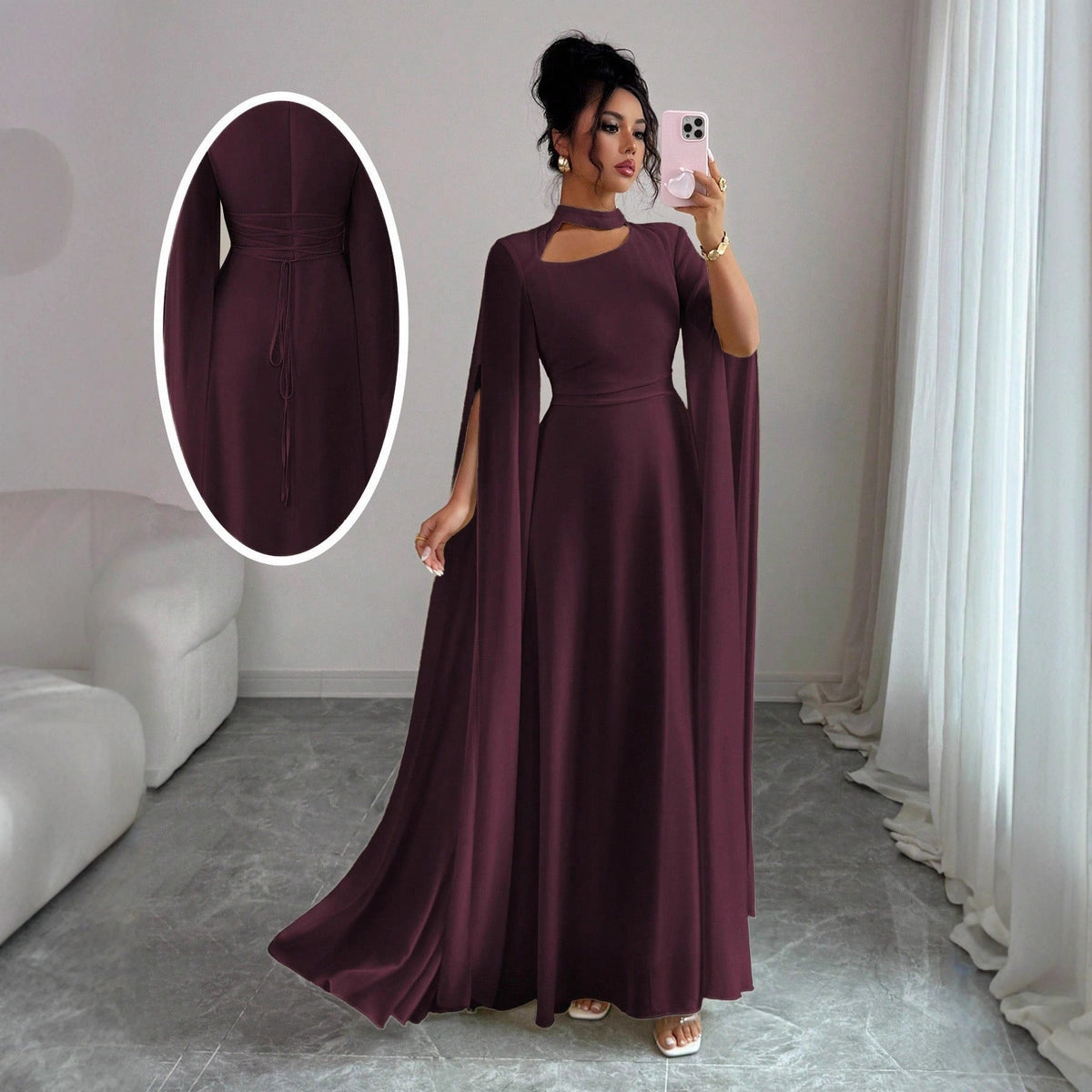 Women's Chiffon Maxi Dress – Cape Sleeve A-Line Gown