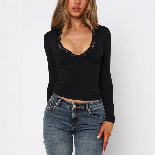 Women's Lace-Trim Blouse – Deep V-Neck Long Sleeve