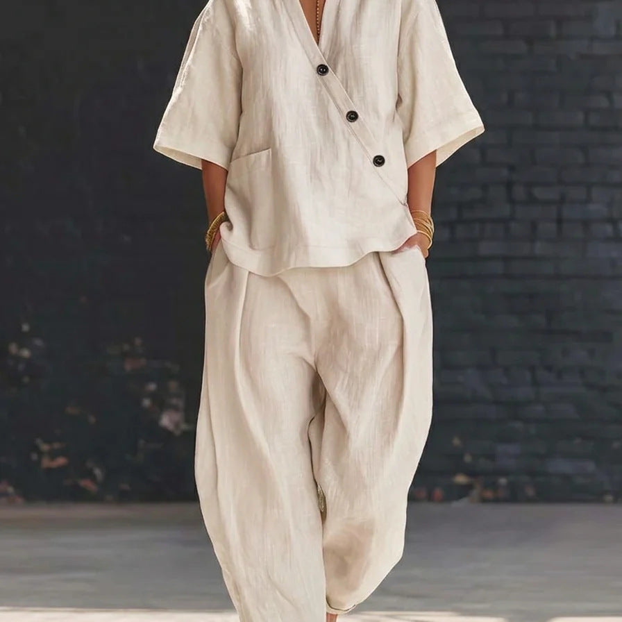 Women's V-Neck Top and Wide-Leg Pants Set – Relaxed Two-Piece