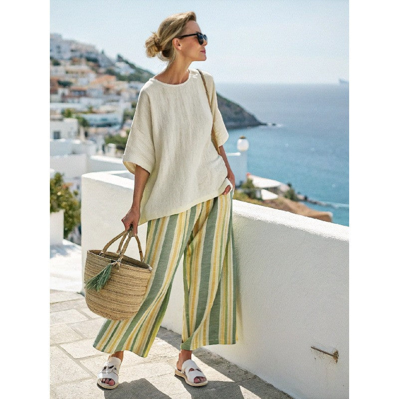 Women's Printed Two-Piece Pant Set – Wide-Leg Woven