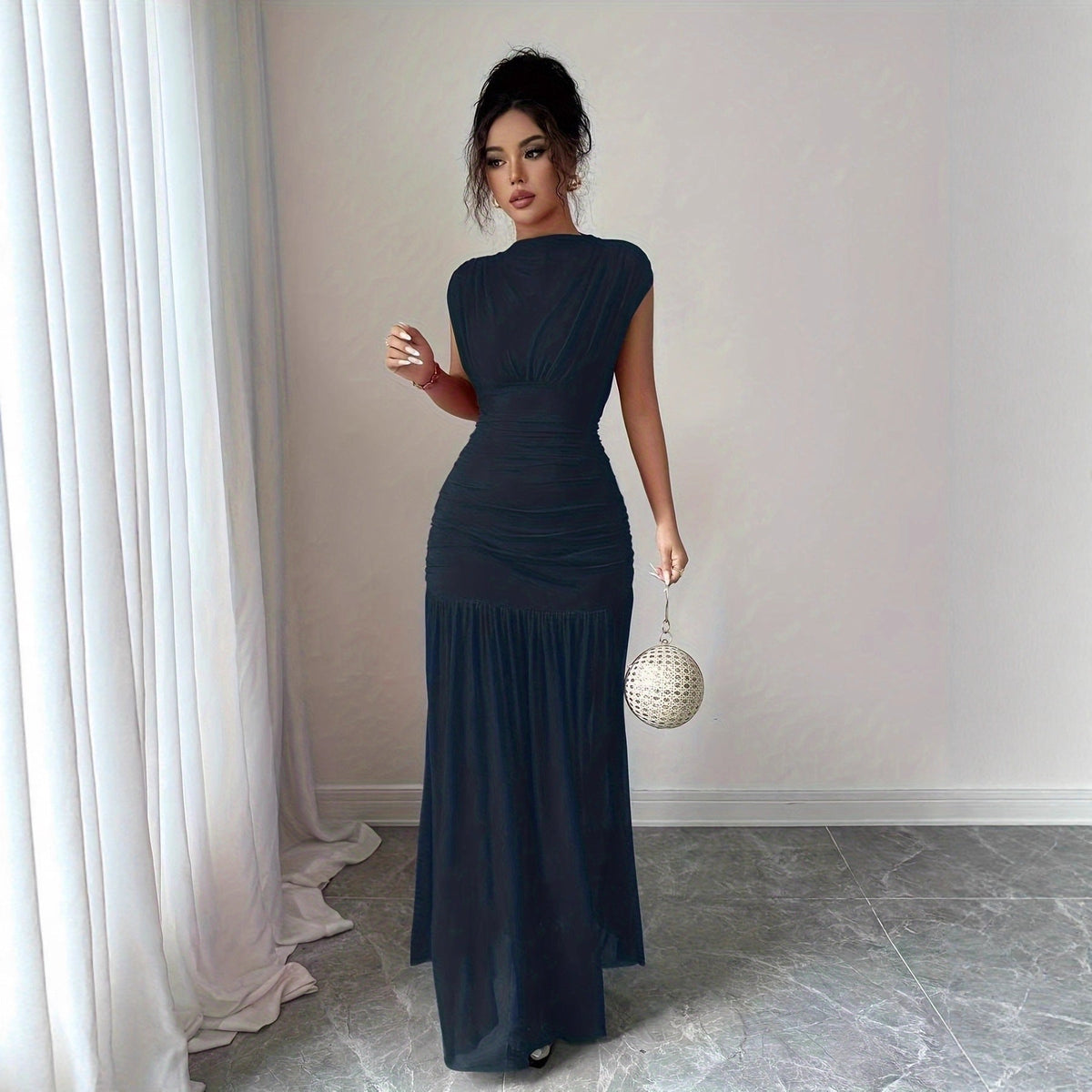 Women's Pleated Mesh Maxi Dress – High Neck Ruched Waist