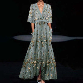 Women's Floral Maxi Dress – V-Neck A-Line Silhouette