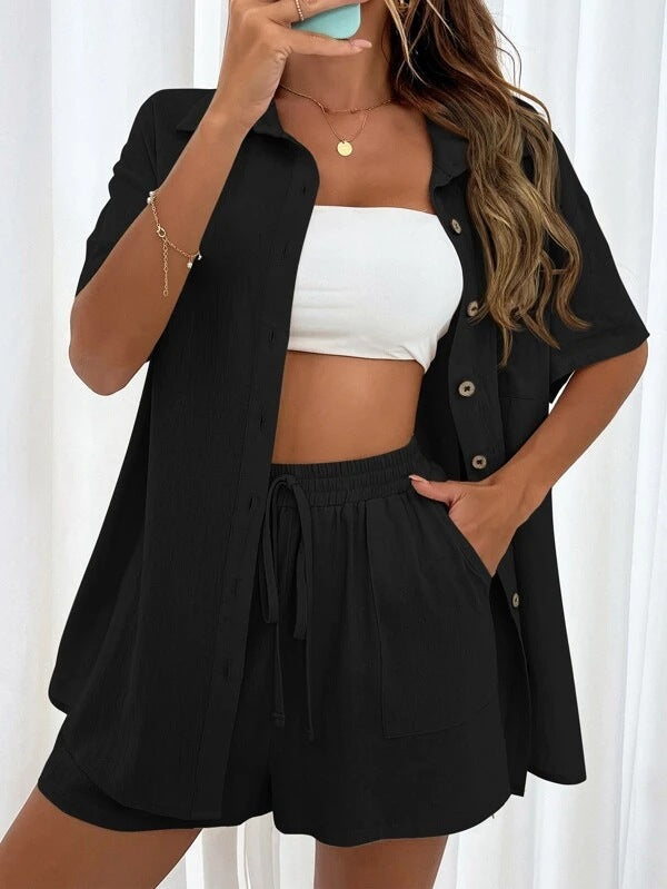 Women's Two-Piece Shirt and Shorts Set – Linen-Look Cotton