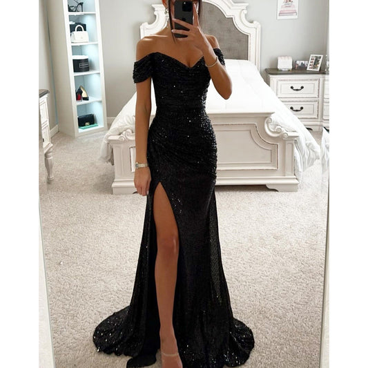 Women's Sequin Maxi Dress – Off-Shoulder High Slit
