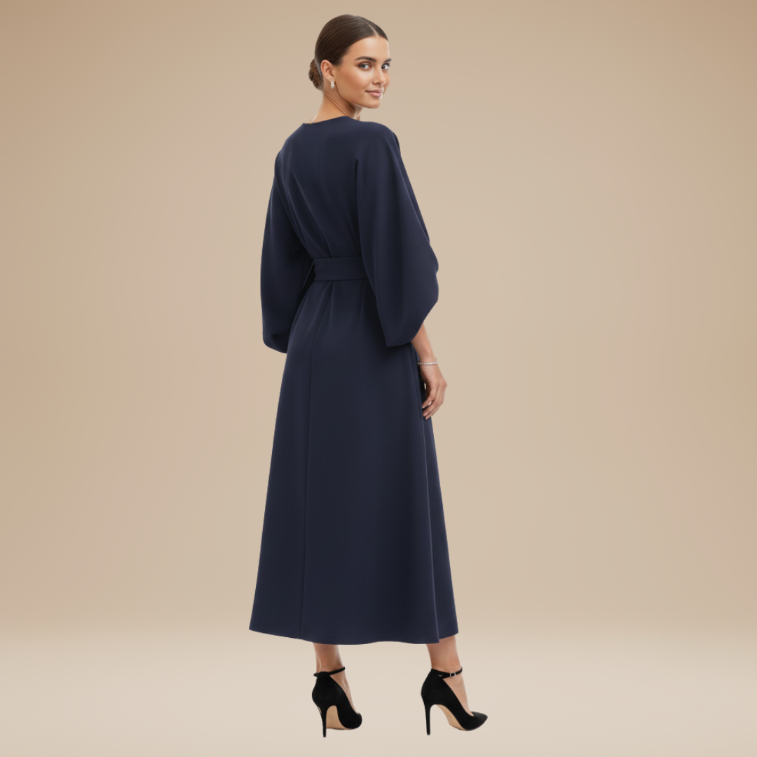 Women's Belted Wrap Midi Dress – Wide Flowing Sleeves