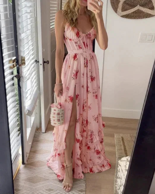 Women's Floral Lace-Up Maxi Dress – Fitted With Side Slit