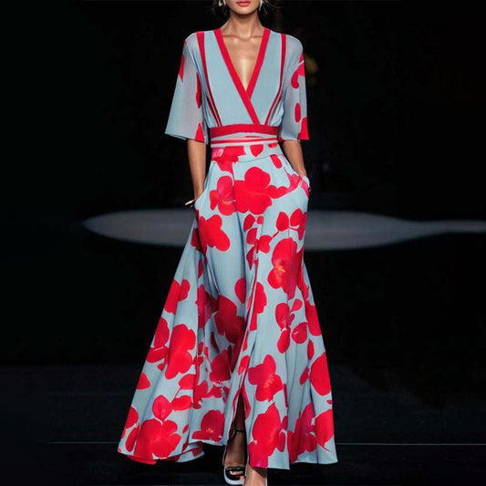Women's Floral Maxi Dress – V-Neck A-Line Silhouette