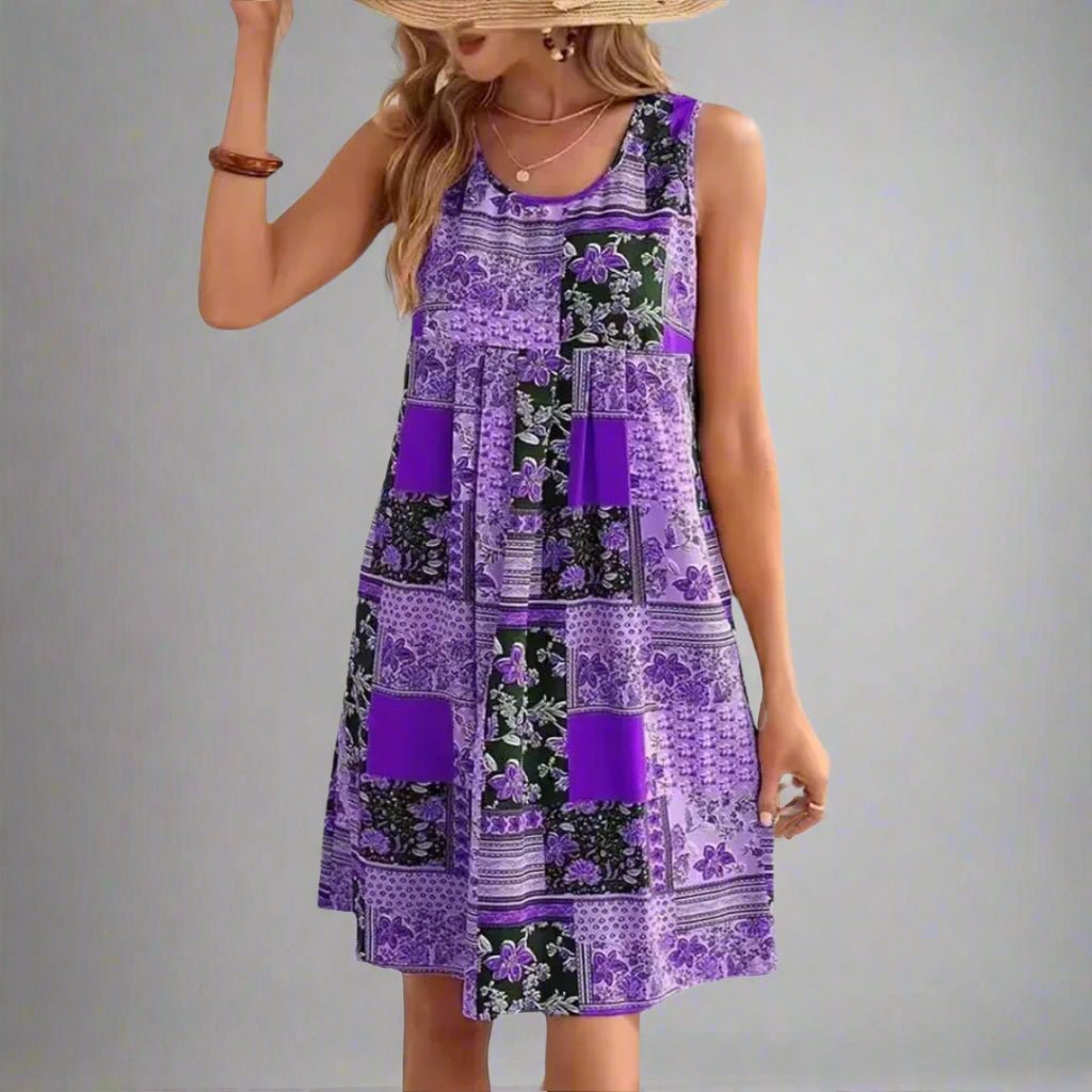 Women's Patchwork Mini Dress – Sleeveless Relaxed Fit